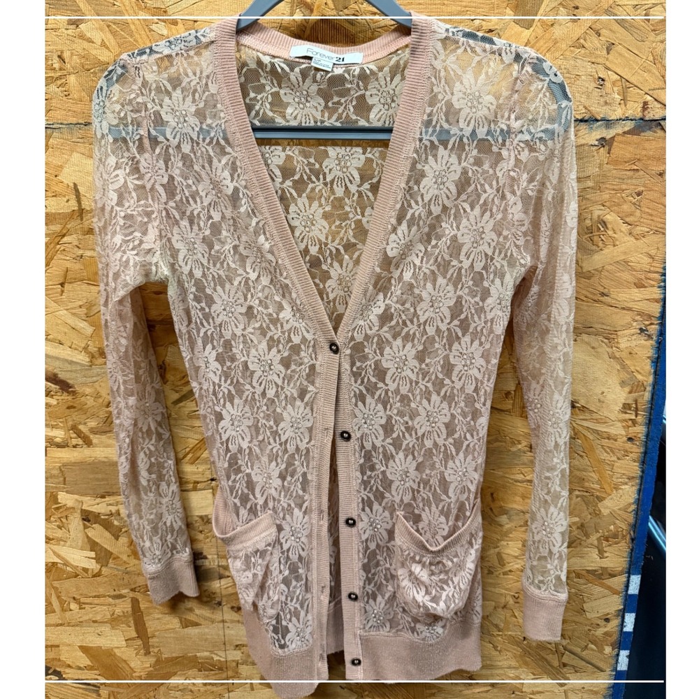 Y2K vintage Forever 21 Nude Floral Lace Long Sleeve Button Front Cardigan Small